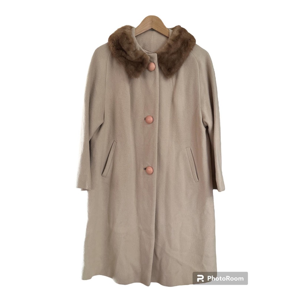 Vintage Pea Coat wool loaf coat size M beige faux faur collar 3/4 sleeve